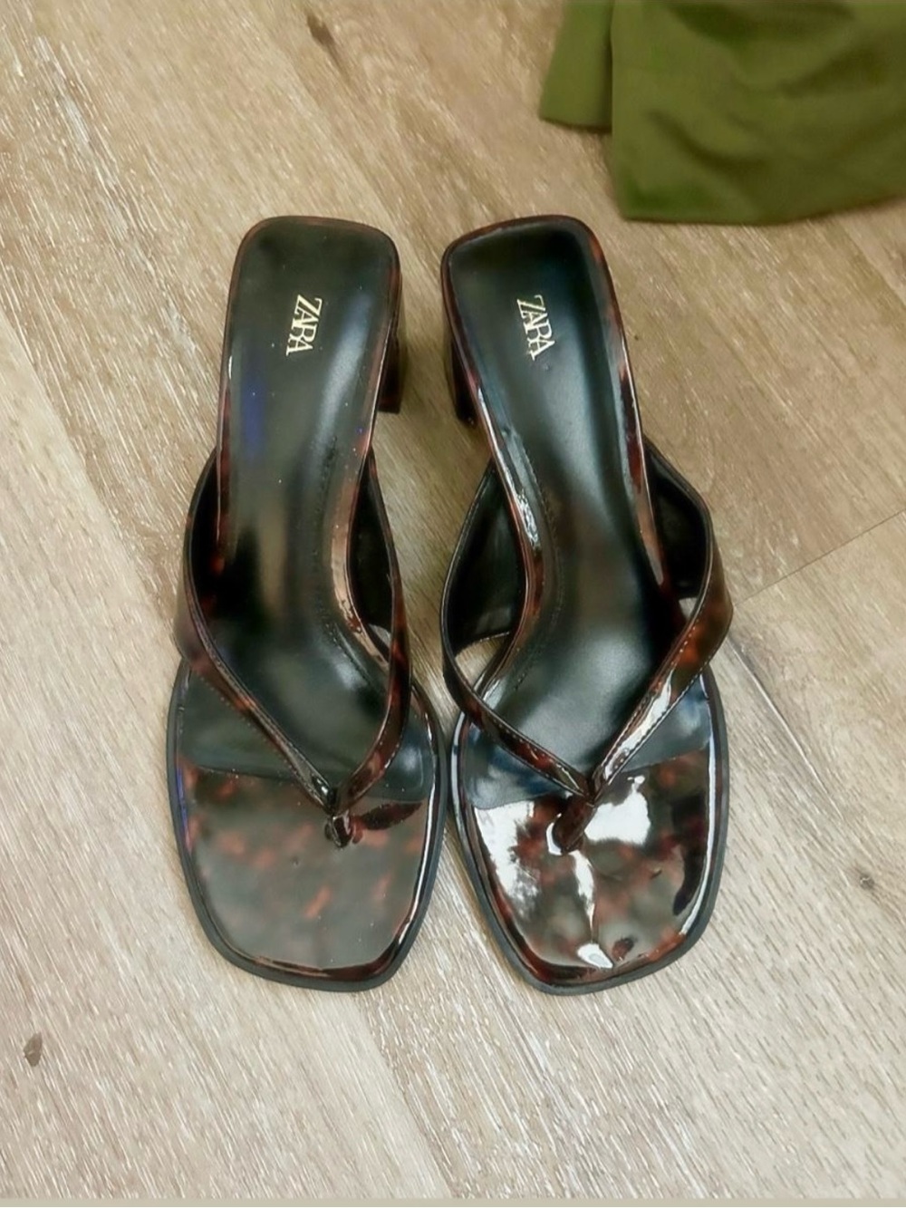 Zara Brown Tortoiseshell Square-Toe Thong Heels